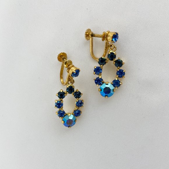 Blue Rhinestone Gold Tone Dangle Screw Back Earrings - Picture 1 of 6